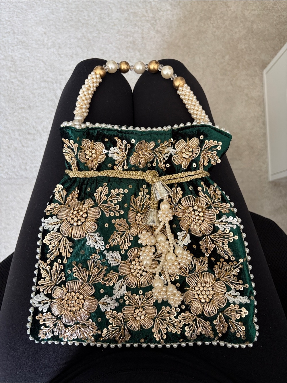 Embroidered Green Velvet Potli Bag with Pearl Tassels - Picture 4 of 5